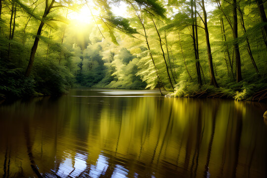 Reflet de la forêt et du soleil dans l'eau.IA générative.