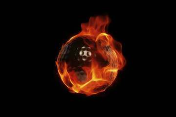 Rotating golf ball in burning fire flames on dark background. Sport equipment as loopable 4K video background