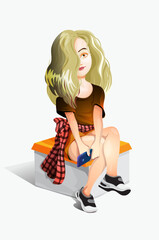 Beautiful fashionable casual style girl, blonde sitting and smiling with a smartphone . Long hair. Shorts, sneakers, belt shirt. Female character on white background. Isolated