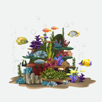 Seascape rocks and plants. Underwater view with sand and seaweed, fish floating near the bottom of the ocean. Aquatic image wildlife vector illustration