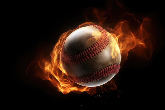 Flying baseball ball in burning flames close up on dark brown background. Classical sport equipment as conceptual 3D illustration