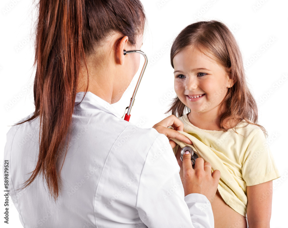 Poster Young woman doctor with little girl