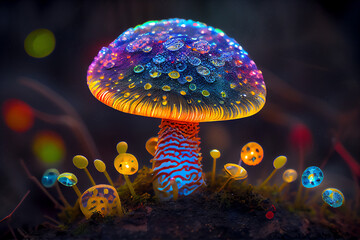 Fototapeta na wymiar Fantasy and fairytale magical glowing mushrooms, generative AI