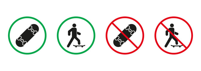 Man on Skateboard Red and Green Signs. Person on Skate Board Silhouette Icons Set. Allowed and Prohibited Entry with Eco Transport Pictogram. Isolated Vector Illustration
