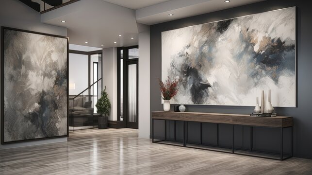 his Ultrarealistic 8k contemporary foyer boasts a sleek and minimalist design, with a stunning statement art piece that serves as the centerpiece of the space. Generated by AI.