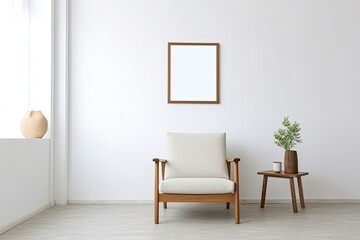 Blank picture frame on white wall. White living room design. View of modern japanese style interior with chair. Minimalism concept, interior idea - Generative AI