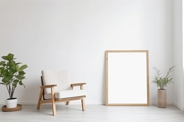 Blank picture frame on white wall. White living room design. View of modern japanese style interior with chair. Minimalism concept, interior idea - Generative AI