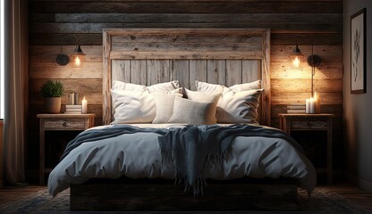 A tranquil and relaxing rustic bedroom with a beautiful reclaimed wood headboard that exudes warmth and comfort. Generated by AI.