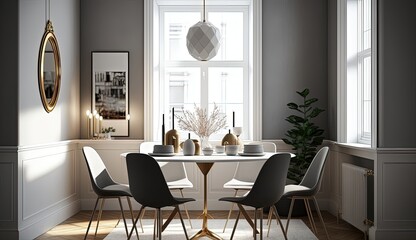 A Scandinavian dining room features minimalist design, neutral color palette, natural lighting, and simple. Generated by AI.