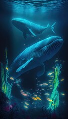 Fototapeta na wymiar Glowing Wonders of the Underwater World: Bioluminescent Whales, Coral Reefs, and Glowing Fish in Stunning 8K Hyperrealism