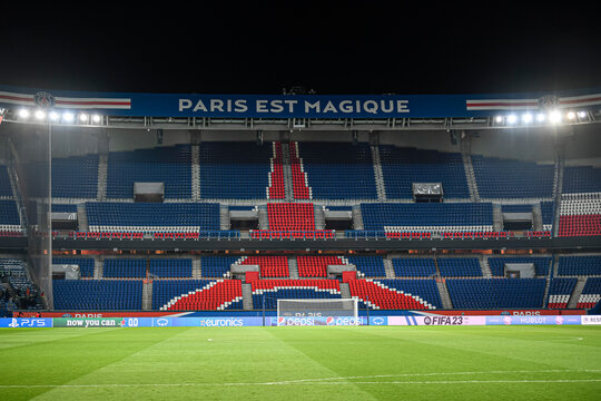 The lawn of Paris-Saint-Germain (PSG) stadium (interior), with 'Paris est magique' written at night on March 22, 2023 at Parc des Princes stadium in Paris, France.
