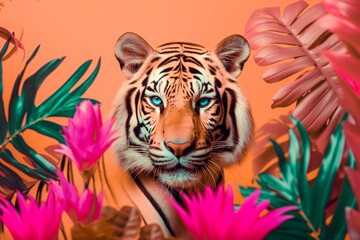 Tropical summer pink background with palm leaf, exotic animal concept. Tiger, wild cat beautiful animal. Illustration, Generative AI.
