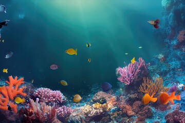 Fototapeta na wymiar Vibrant Coral Reef Teeming with Diverse Marine Life in the Deep Blue Sea