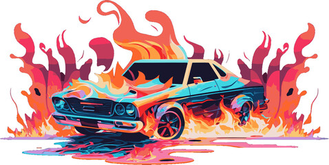 Beautiful retro car burns after vandal attack. Vector art. Generative AI technology. - obrazy, fototapety, plakaty