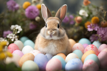 Easter bunny on a meadow with easter eggs and flowers created with AI	