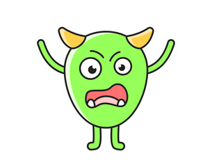 Cute monster icon. Green mutant or demon. Creature with horns, sharp fangs and evil expression. Scary funny character. Cartoon flat vector illustration isolated on white background
