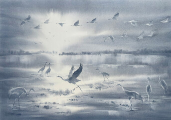Cranes in the morning mist watercolor background - 589882367