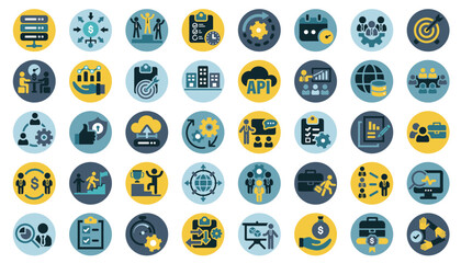 Business, data analysis, organization management and technology icon set. Teamwork, strategy, planning, marketing, cloud technology, data analysis, employee icon set. Icons vector collection