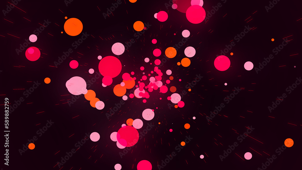 Poster flying colorful balls and lines in dark space. flying particles in empty space. dynamic shape.