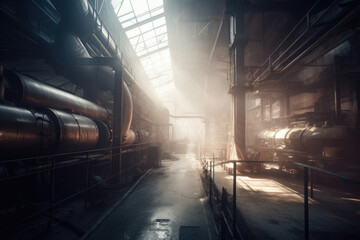 Old factory, with a soft and hazy atmosphere created with AI