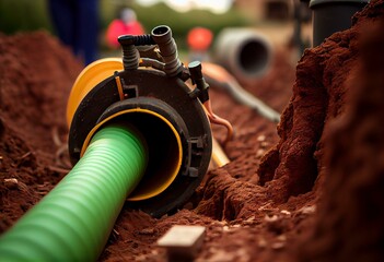 Close-up of newly installed sewage pipe and other utility connections in construction site trench, selective focus. Generative AI - obrazy, fototapety, plakaty