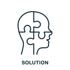 Solution in Human Head Line Icon. Person's Brain and Jigsaw, Creation Idea Concept Linear Pictogram. Thinking Intellectual Process Outline Symbol. Editable Stroke. Isolated Vector Illustration