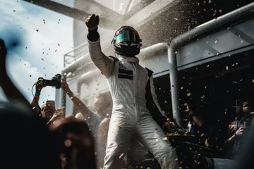 Photo sur Plexiglas F1 Driver celebrating on the podium after a hard-fought victory created with AI