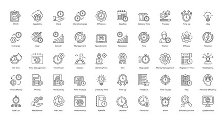 Efficiency Thin Line Icons Productivity Capability Icon Set in Outline Style 50 Vector Icons in Black
