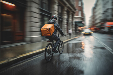 Delivery cyclist navigating through busy streets created with AI