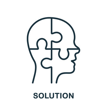 Solution in Human Head Line Icon. Person's Brain and Jigsaw, Creation Idea Concept Linear Pictogram. Thinking Intellectual Process Outline Symbol. Editable Stroke. Isolated Vector Illustration