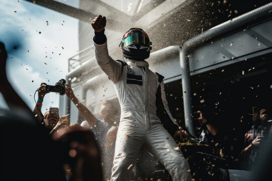 Driver celebrating on the podium after a hard-fought victory created with AI