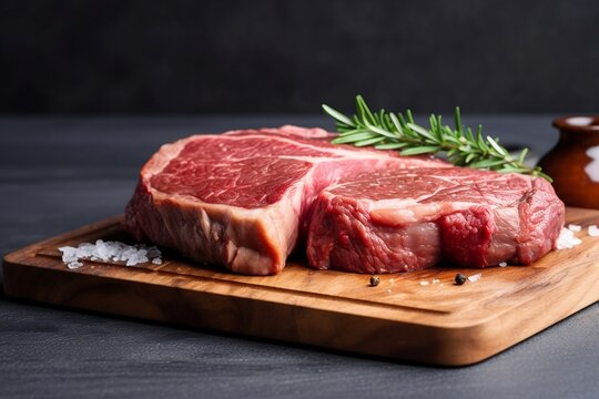 Beef meat on a wood board close-up. Raw red meat on dark wooden table. Pork steak with rosemary sprig and salt, rustic style. Image is AI generated.