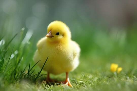 Yellow very cute easter chicken standing on spring grass