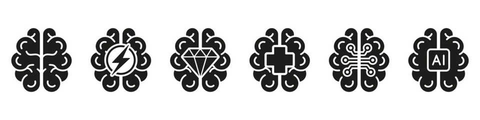 Human Brain AI Concept Black Silhouette Icon Set. Human Mind, Brainstorm, Stress Solid Symbol on White Background. Artificial Intelligence Glyph Sign. Isolated Vector Illustration