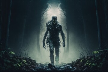 Fototapeta na wymiar Zombie Warrior Emerges from Dark Forest, Ready for Battle