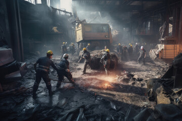 Industrial site, with workers in motion, heavy machinery created with AI