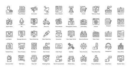 News Thin Line Icons Newspaper Article Reporter Icon Set in Outline Style 50 Icons in Black
