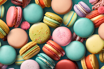 Delicious, sweet tasty dessert. Pastel colorful macaroons, treat and dessert. Small cookies that bring happiness. Illustration, Generative AI.