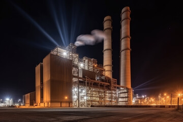 Charcoal power plant complex at industrial district with three smokestacks at night