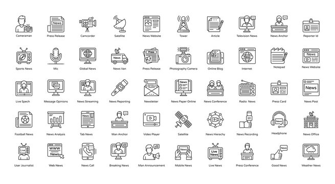 News Thin Line Icons Newspaper Article Reporter Icon Set in Outline Style 50 Icons in Black