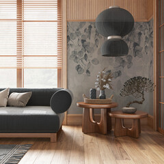 Japanese living room with wallpaper and wooden walls in gray and beige tones. Parquet floor, fabric sofa, carpets and decors. Minimal japandi interior design