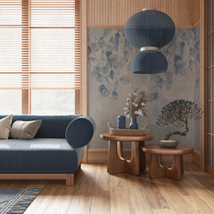 Japanese living room with wallpaper and wooden walls in blue and beige tones. Parquet floor, fabric...