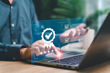 Customer satisfaction with the service and Rating survey of the product concept, Businessman use a laptop feedback review good quality of product and customer service and check on customer evaluation