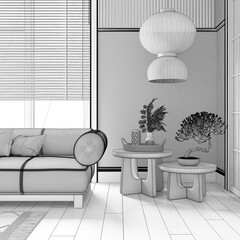 Blueprint unfinished project draft, japanese living room with wooden walls. Parquet floor, fabric sofa, carpets and decors. Minimal japandi interior design