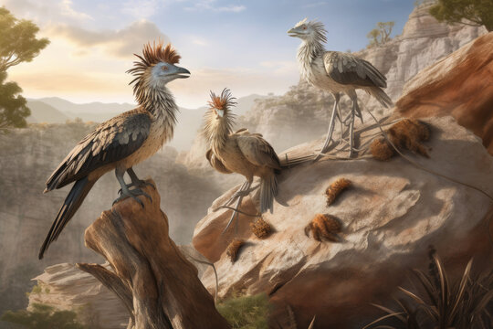 Family of feathered Archaeopteryx perches on a rocky outcropping created with AI