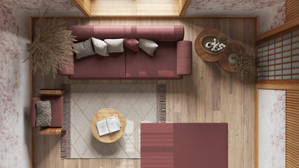 Japandi living room with wallpaper and wooden walls in red and beige tones. Parquet, fabric sofa, carpets and decors. Japanese interior design. Top view, plan, above
