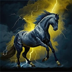 Obraz na płótnie Canvas Rearing Blue and Yellow Horse Against a Stormy Yellow Background