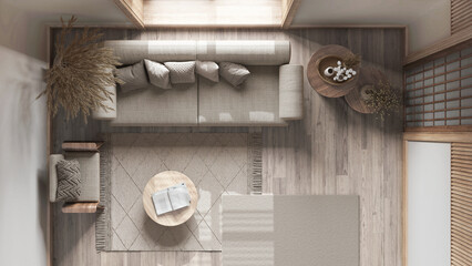 Fototapeta na wymiar Japandi living room with bleached wooden walls in white and beige tones. Parquet, fabric sofa, carpets and decors. Japanese interior design. Top view, plan, above