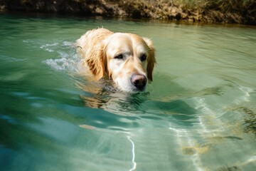 A Golden Retriever swimming in crystal clear water. Generative AI