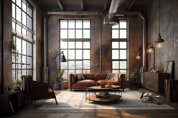 Living room loft in industrial style | living room and decorating ideas with modern mid county furniture | Minimalist industrial loft conversion living room , Generative AI - obrazy, fototapety, plakaty
